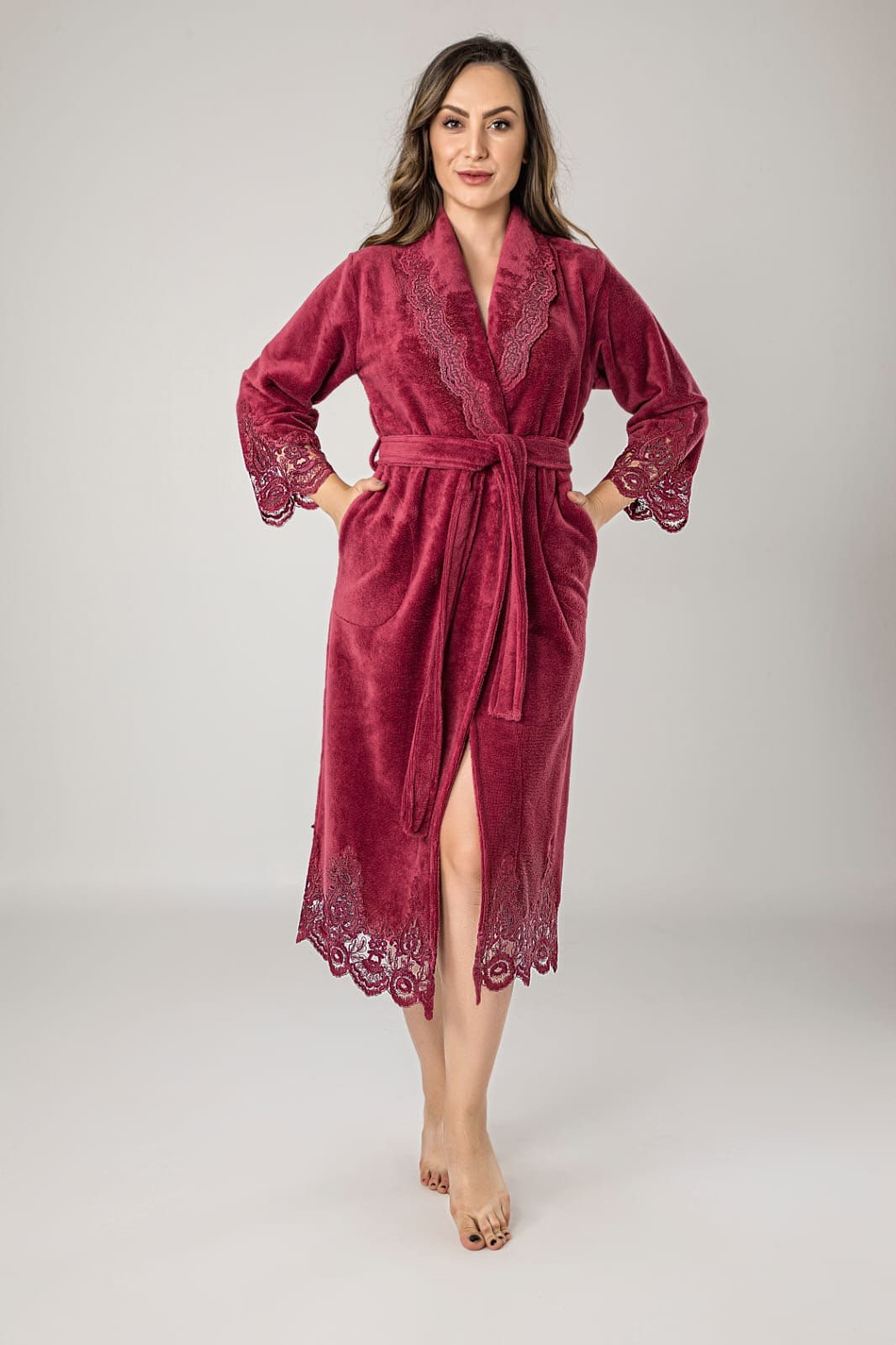 Satin and lace dressing gown - Dark red - Ladies | H&M IN