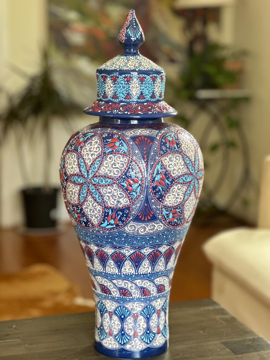 Blue Red White Jar With Lid, Blue and White Home Decoration, Large Size ...