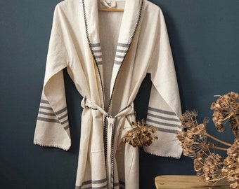 Bulut Pure Turkish cotton/linen striped bathrobe, Peshtemal unisex bathrobe,cotton robe,spa robe,kimano robe,mens robe,dressing gown