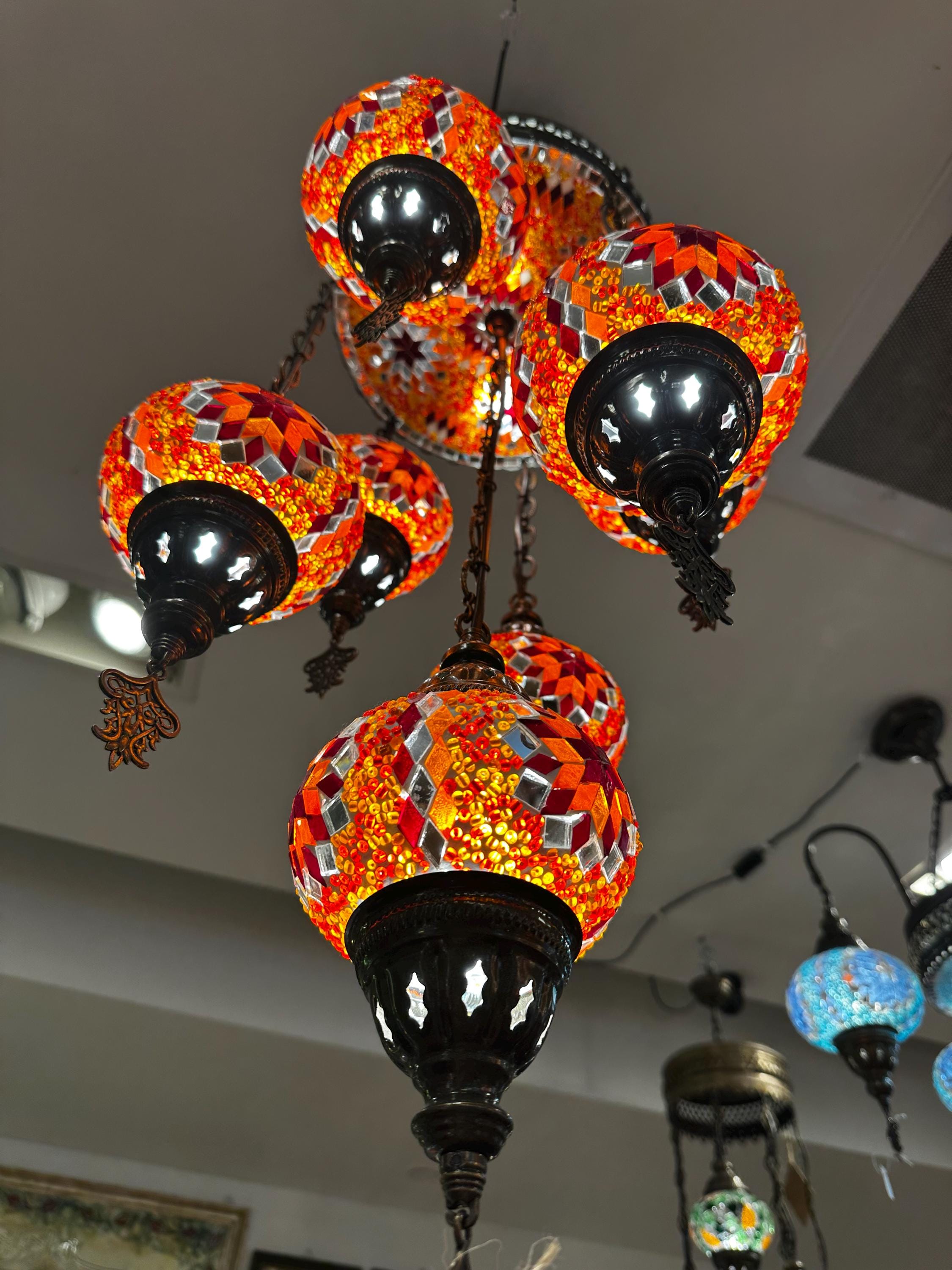Orange Turkish mosaic Chandelier 7 Globes with a top circle glass lamp (10 inches diameter, 40” length)