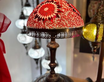 Red, Orange Large Turkish Glass Mosaic Lamp, Handmade Turkish