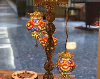 Handmade Copper Filigree Table Lamp, Turkish Ottoman Style, Three Globes, GiftGift