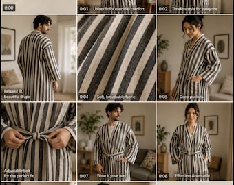 Op de afbeelding: Een unisex kimono-badjas met een verticaal streeppatroon in zwart en beige. Het kledingstuk heeft lange mouwen, een ceintuur in de taille en diepe voorzakken. De tekst op de afbeelding luidt STRIPE KIMONO, Unisex, Comfortable, Timeless, Black & Beige Stripe.