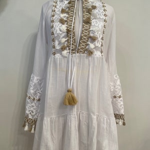 White Boho Tassel Cotton Tunic With Long Sleeve, Swimsuit Cover Up ...