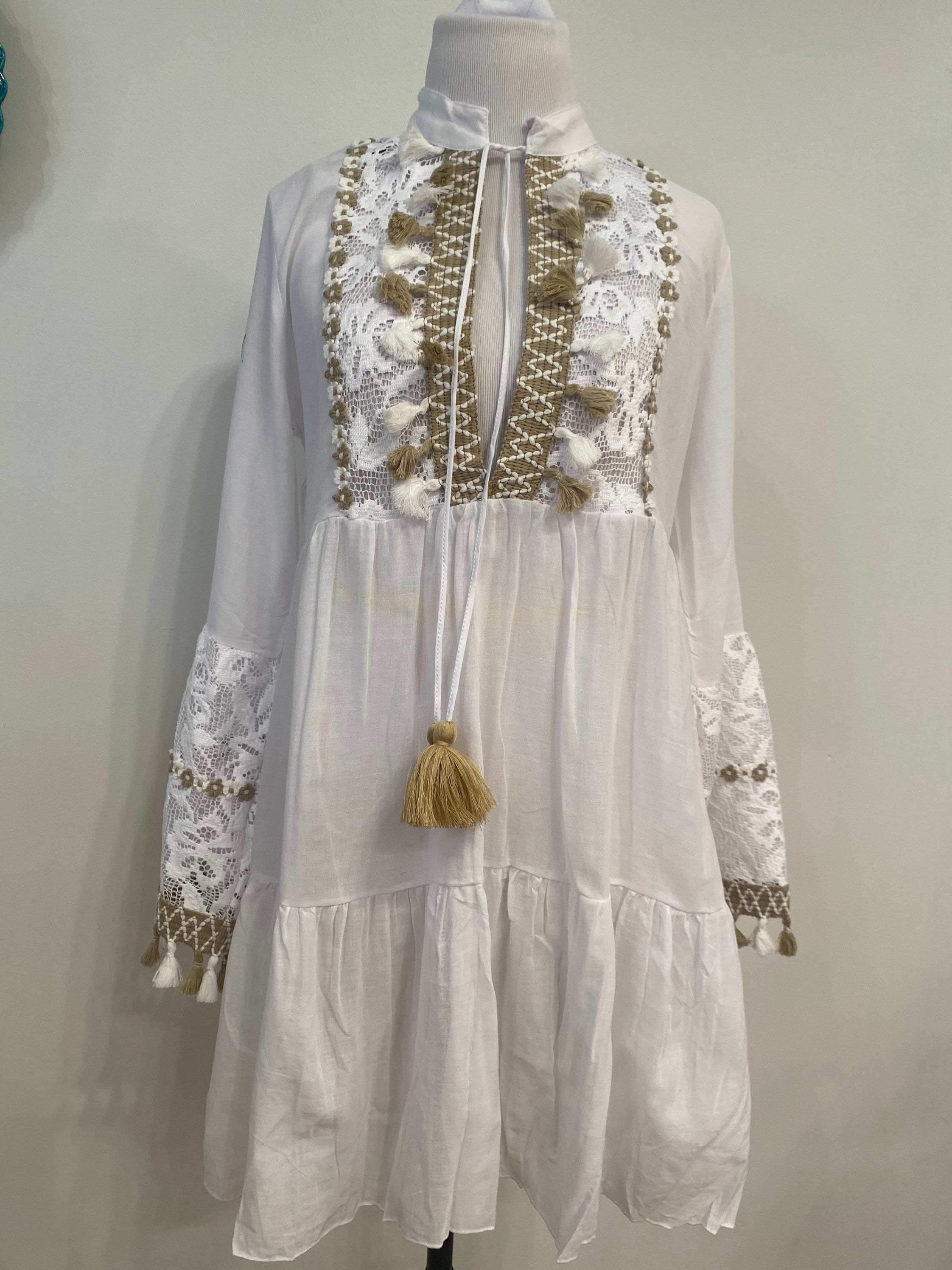White boho tassel cotton tunic with long sleeve, swimsuit cover up, mini tassel boho Beach tunic dress, Gift for her, Mothers Day Gift White boho tassel cotton tunic with long sleeve, swimsuit cover up, mini tassel boho Beach tunic dress, Gift for her, Mothers Day Gift