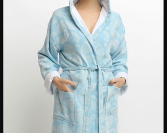 luxury Blue Paisley 100% Turkish cotton hooded Terry bathrobe,blue hooded absorbant turkish cotton bathrobe, / gift for her Gift