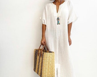 Robe caftan en coton biologique blanche, robe longue surdimensionnée, robe ample en coton, cadeau pour elle, cadeau de fête des mères