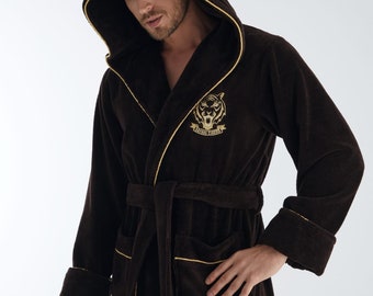 Lion Luxurious Mens hooded bathrobe Dark Brown Turkish Organic Cotton/bamboo Men Bathrobe, Luxury Man Bathrobe,  Gift/Mother's Day Gift