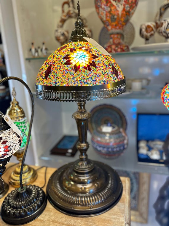 Red, Orange Large Turkish Glass Mosaic Lamp, Handmade Turkish