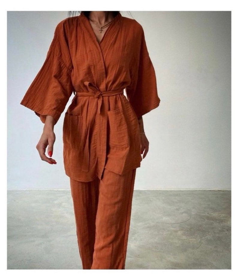 Organic Cotton Kimono Robe Set Soft Cotton Kimono Top Pant Etsy
