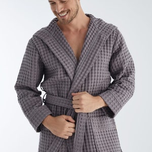 Luxurious Waffle bamboo hooded Bathrobe gray/ white mens  Robe, lightweight Spa Robe, gift for himMother's Day Gift