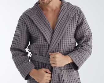 Luxurious Waffle bamboo hooded Bathrobe gray/ white mens  Robe, lightweight Spa Robe, gift for him