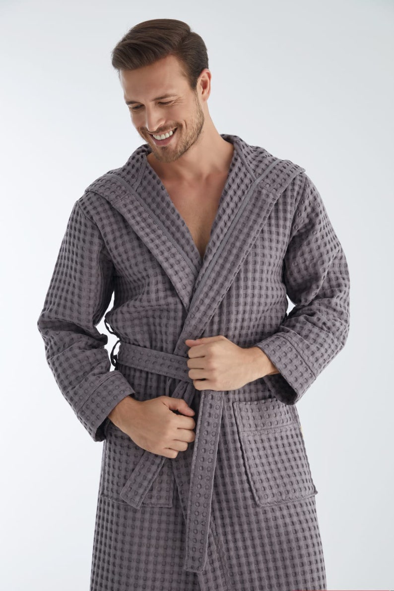 Luxurious Waffle bamboo hooded Bathrobe gray/ white mens Robe, lightweight Spa Robe, gift for himMother's Day Gift image 1