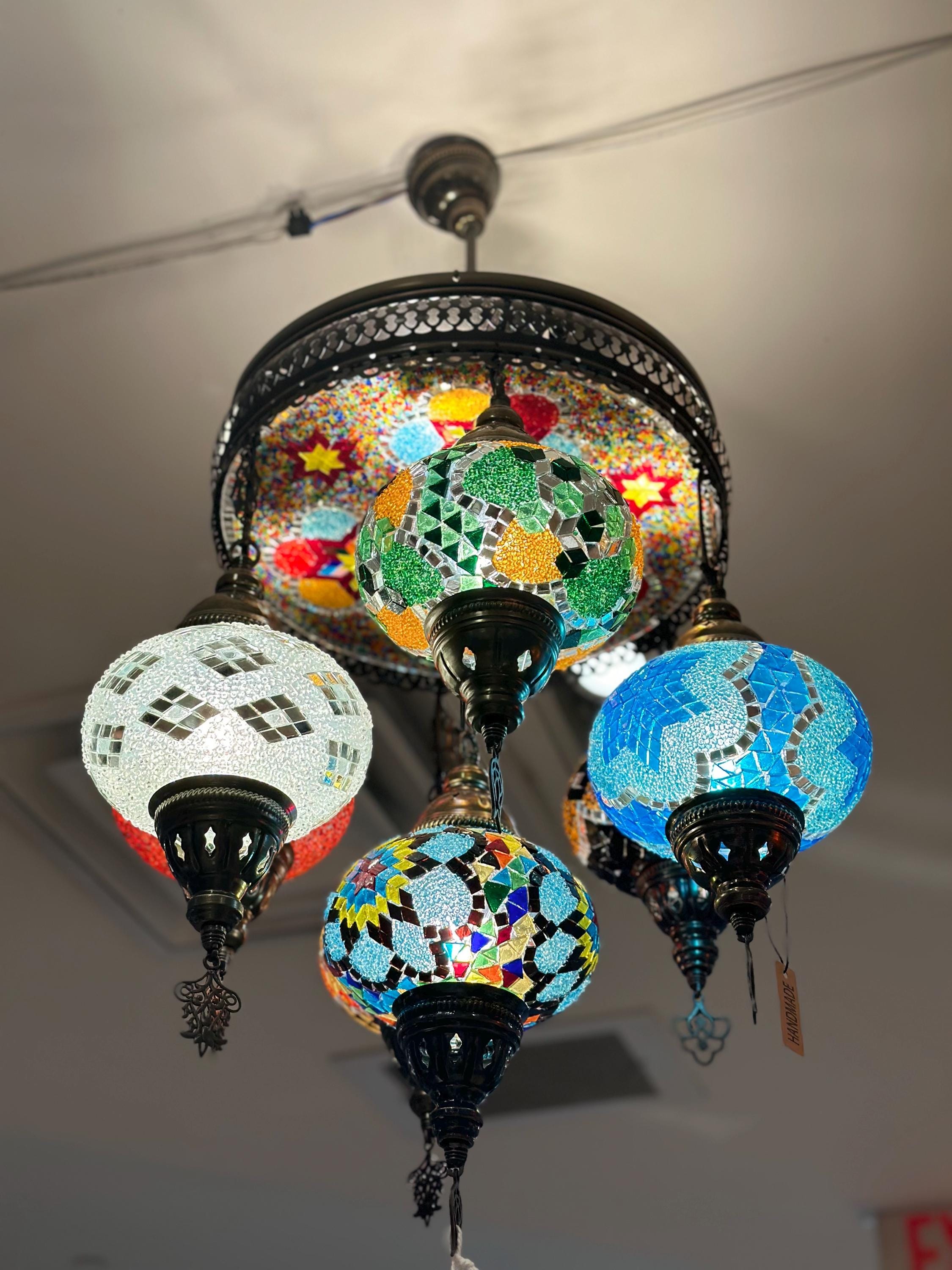 Turkish Mosaic Chandelier 7 Globes With a Top Circle Glass