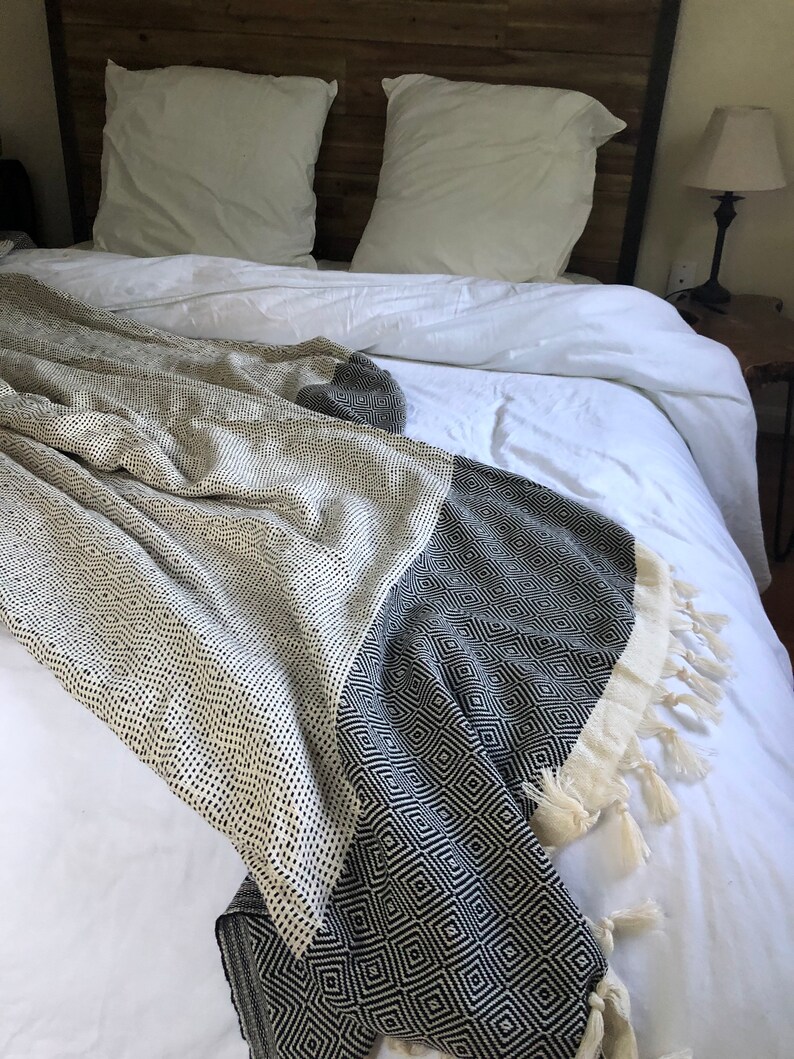 Turkish Cotton Blanket in White/black Lightweight Blanket Etsy