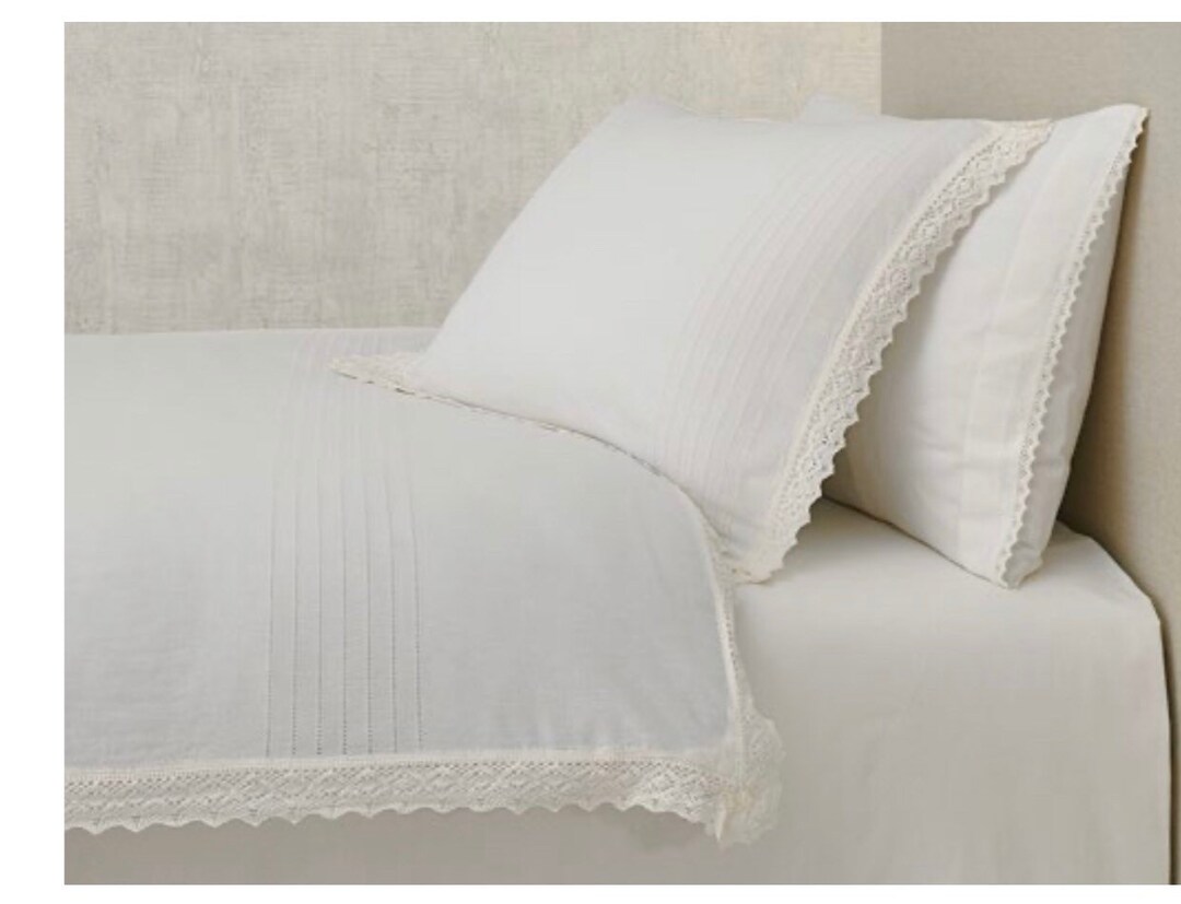 White Organic Cotton Lace Duvet Cover Set, White Cotton With Natural
