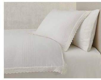 White Organic Cotton Lace Duvet Cover set, white cotton with natural lace,Softened and washed pure cotton Quilt cover,white Cotton duvet set