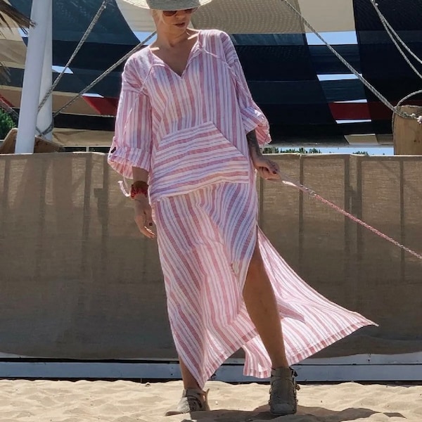 Caftan de plage en coton, robe de plage à manches longues, caftan de plage, robe chemise rayée, tenue de détente longue, cadeau de fête des mères