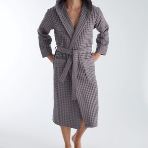 Luxurious Waffle bamboo hooded Bathrobe gray/ white mens Robe, lightweight Spa Robe, gift for himMother's Day Gift image 3