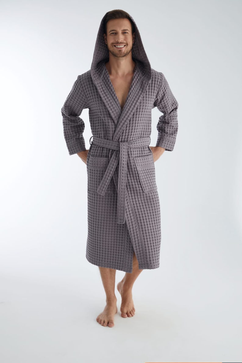 Luxurious Waffle bamboo hooded Bathrobe gray/ white mens Robe, lightweight Spa Robe, gift for himMother's Day Gift image 3