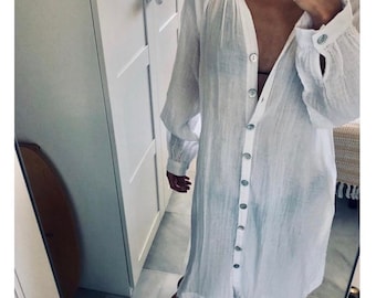 Robe chemise en coton, robe chemise en coton blanc tissé à la main, robe chemise en coton, vêtements de détente, vêtements de plage, cadeau de fête des mères