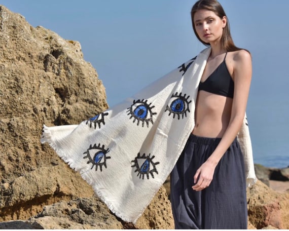 Nazar Eye Turkish Throw, Towel, special design muslin cotton hand loomed summer throw/towel (75”/35”), gift for her, Mothers Day Gift