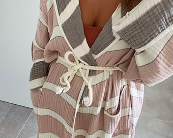 Muslin turkish cotton hooded robe, Turkish Cotton kimono robe, muslin robe, spa hooded cotton robe, GiftGift
