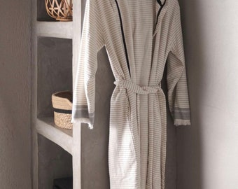 Cizgi Turkish Cotton terry hooded bathrobe,Natural hooded Turkish cotton bathrobe, hooded mens bathrobe,, gift for menEaster Gift