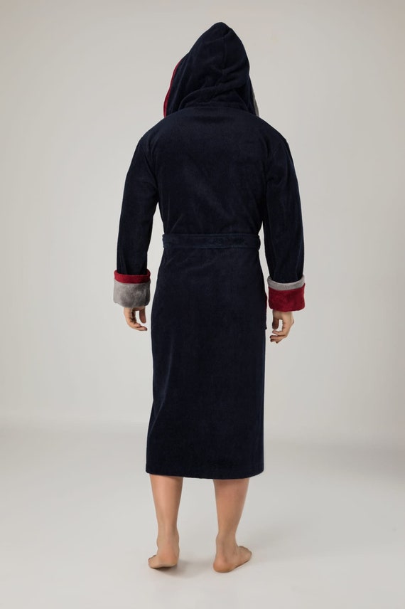 Luxurious Mens Hooded Bathrobe ,navy Turkish Organic Cotton/bamboo