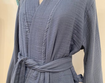 Midnight blue/White Muslin Turkish Cotton hooded kimono robe, peshtemal hooded cotton woman/mens robe, hooded Peshtemal robe,