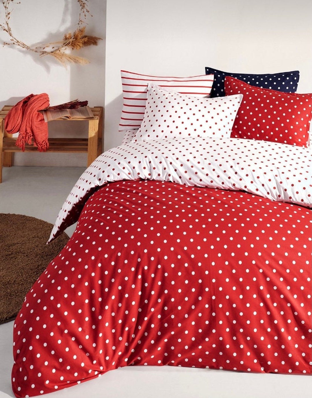 4 Pieces Queen double Cotton Red Polka Dot Duvet Cover Set Cotton
