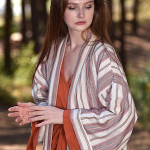 Pure Turkish cotton bathrobe,beige striped Peshtemal bathrobe,cotton robe,spa robe,kimano robe,mens robe,dressing gown,,/