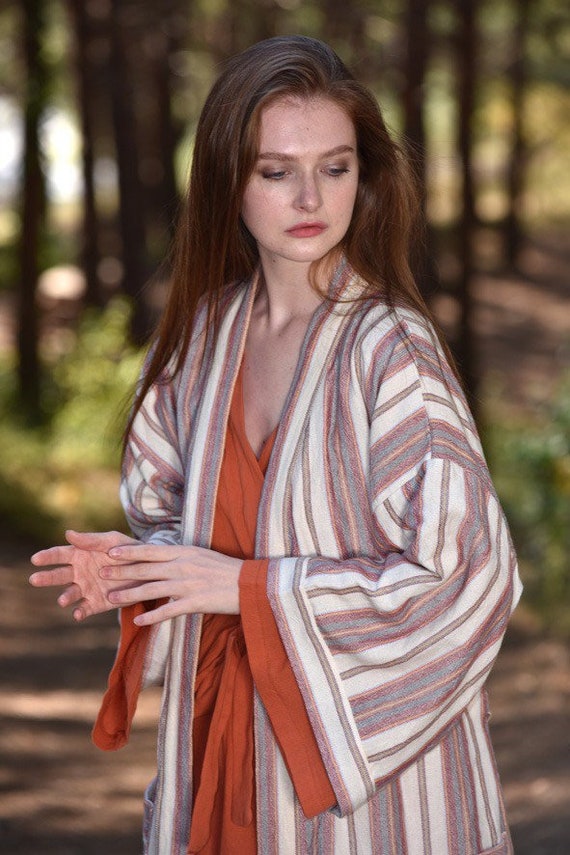 Turkish Cotton Striped Kimono Robe, Lightweight Spa Bathrobe, Mothers Day GiftMothers Day Gift