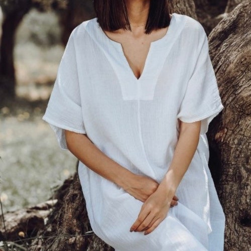 loose cotton dress Women V-neck Casual Tunics Long Sleeves Shirt Robes Midi Dresses Customized Dress Plus Size Clothing Linen Not body measurements White Organic Cotton Kaftan Dress,