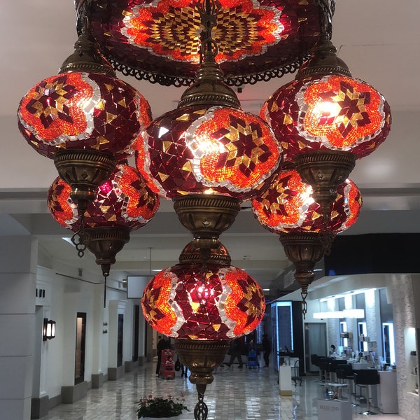 Handmade Turkish Chandelier 7 Globes with a top circle glass lamp (14 inches diameter) / Gift/