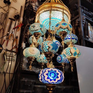 Turquoise/blue Turkish mosaic glass Chandelier 10+1 Globes(number 3 size), GiftGift