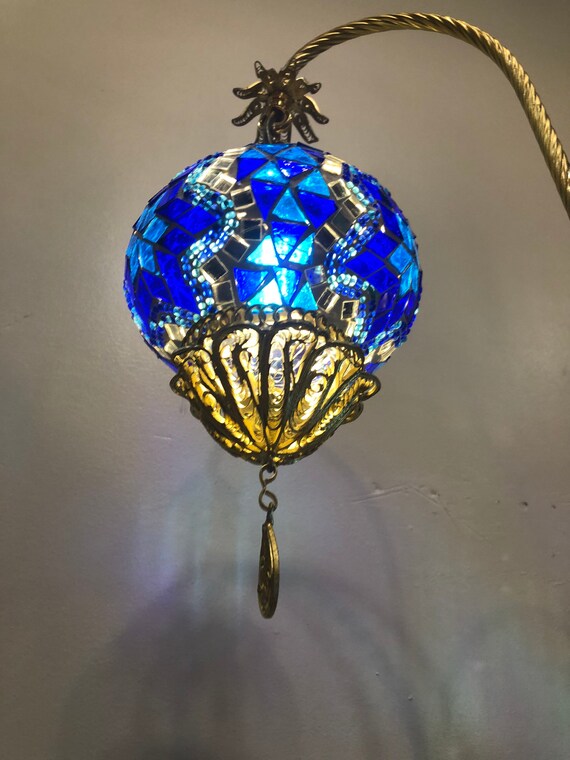 Turkish Mosaic Table Lamp Blue Gold Tall, Special Hand Made