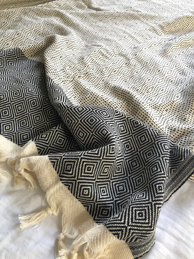 Turkish Cotton Blanket in White/black Lightweight Blanket Etsy