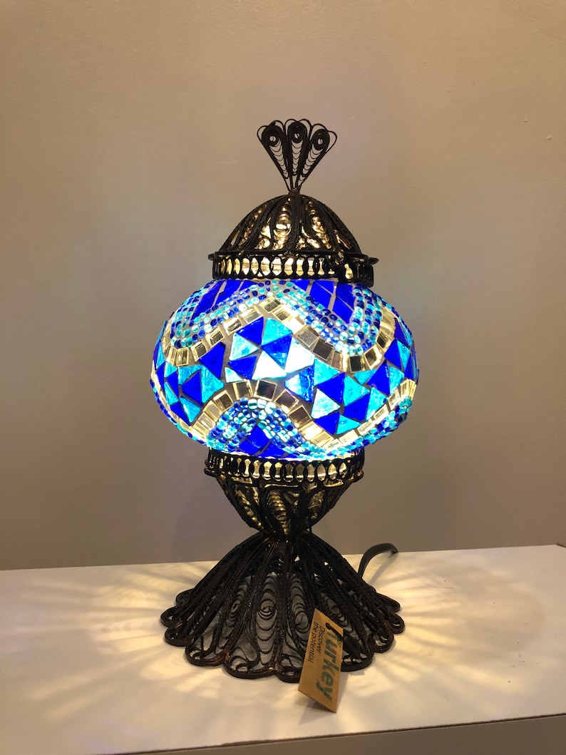 Blue Turkish mosaic table lamp, vintage style Handmade Copper shops Filligree table Lamp,Handmade Turkish Vintage Antique Look blue table lamp