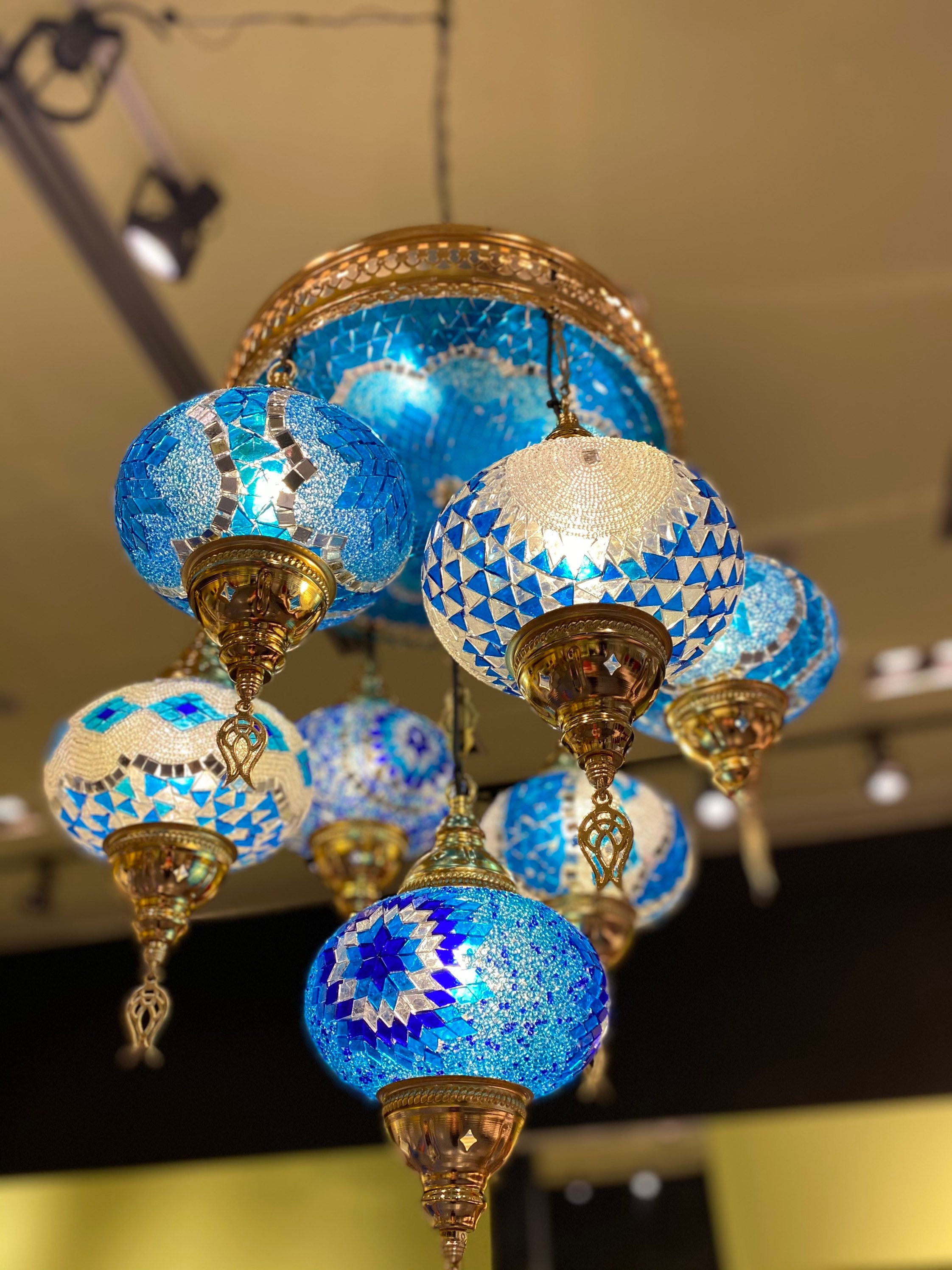トルコモザイクゴールドシャンデリア7球形トップサークルガラスランプ