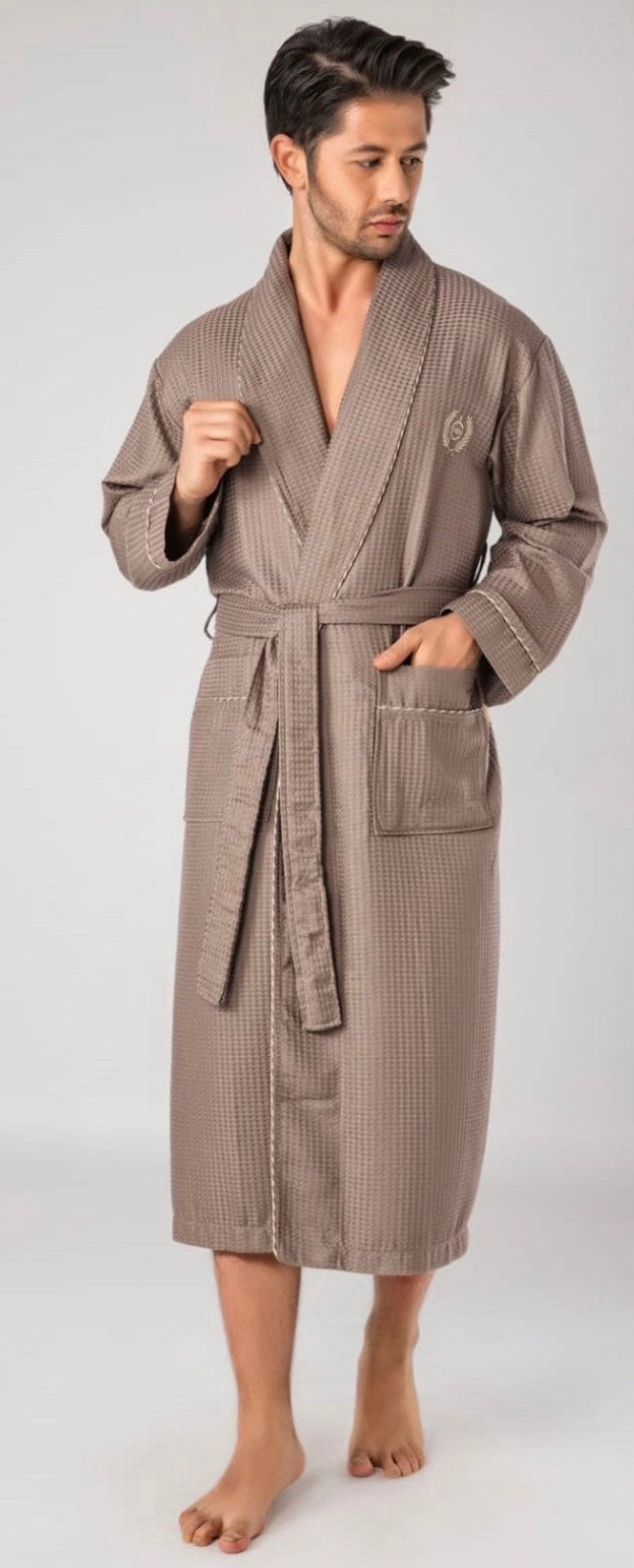Luxurious Waffle Bamboo Bathrobe Navy/beige Mens Robe, Lightweight Spa
