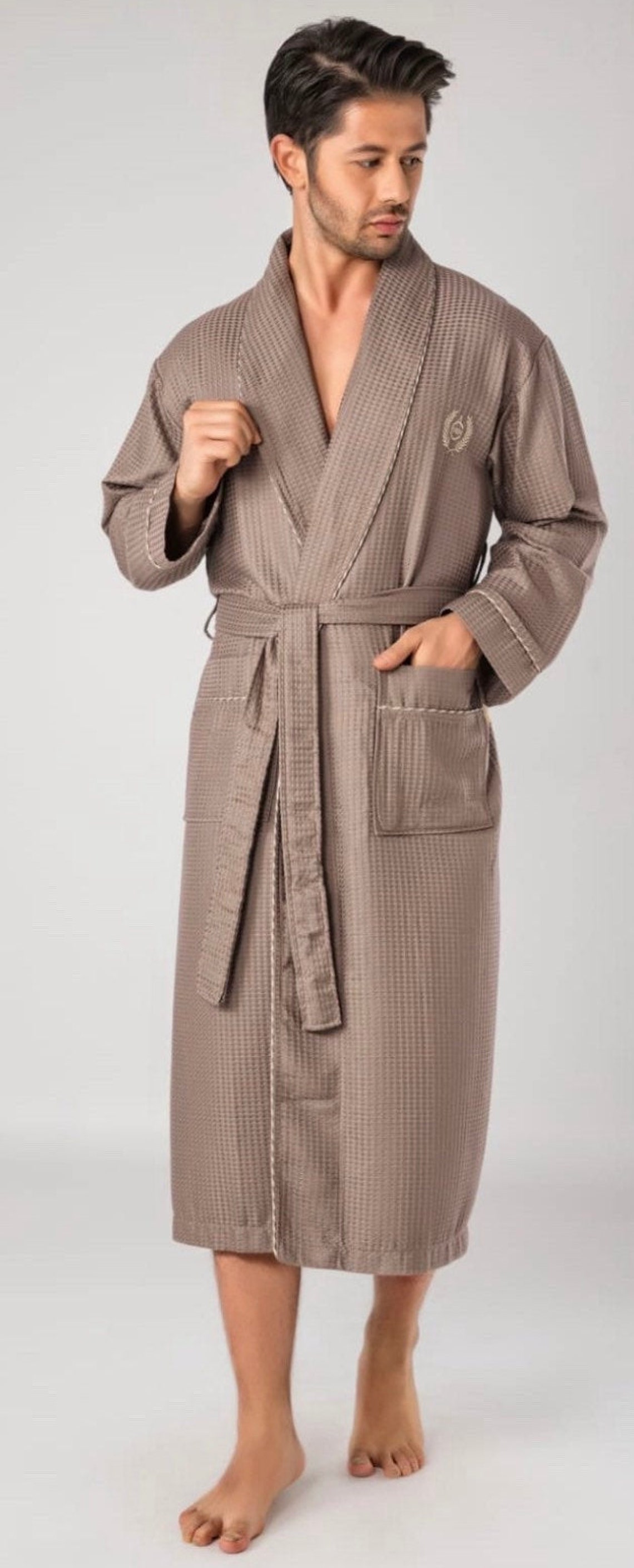 Luxurious Waffle Bamboo Bathrobe Navy/beige Mens Robe Etsy UK