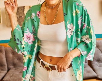 floraler kurzer grüner Kimono-Cardigan/Strand-Kimono-Cardigan/Brautjungfern-Robe/Badeanzug-Cover-up-kurzer Kimono/Geschenk/Muttertagsgeschenk