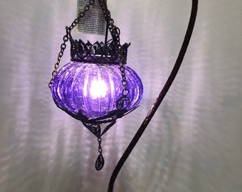 Purple Turkish mosaic table lamp, vintage Handmade Copper Filigree table Lamp , blow out glass, Vintage Antique lamp, Gift/Mother's Day Gift