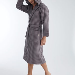 Luxurious Waffle bamboo hooded Bathrobe gray/ white mens Robe, lightweight Spa Robe, gift for himMother's Day Gift image 2