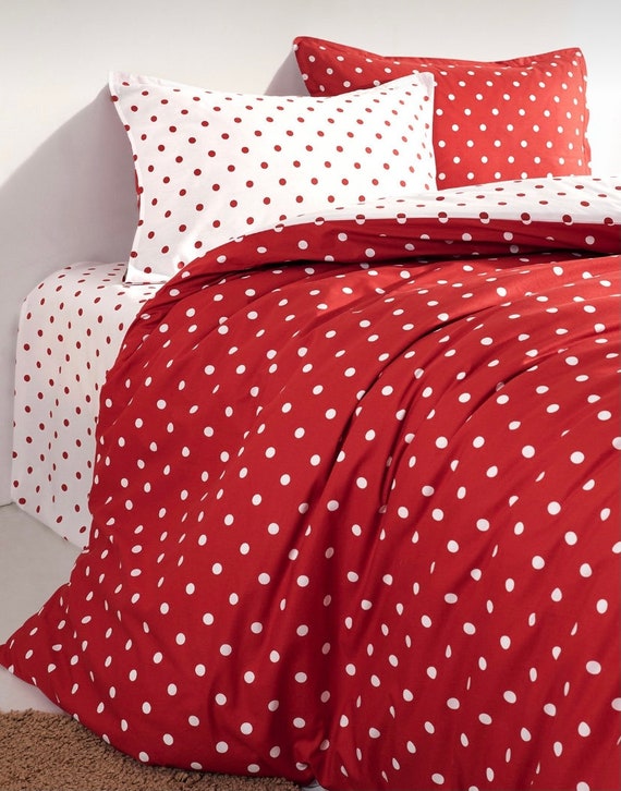 4 Pieces Queen double Cotton Red Polka Dot Duvet Cover Set Cotton