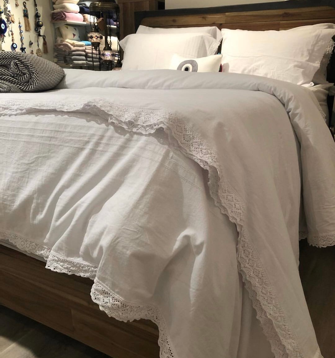 White Organic Cotton Lace Sheet Set, White Cotton With Natural Lace Sheet, Softened and Washed