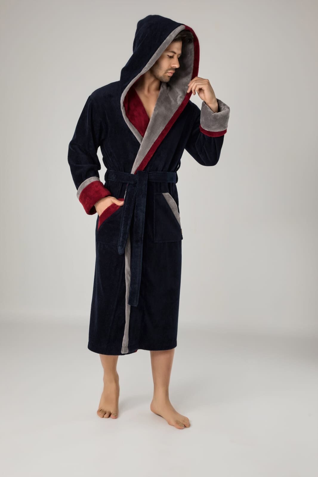 Mens Fleece Hooded Robe Soft Fluffy Thick Warm Dressing Gown With Hood  Nightwear