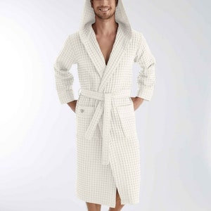 Luxurious Waffle bamboo hooded Bathrobe gray/ white mens Robe, lightweight Spa Robe, gift for himMother's Day Gift image 5