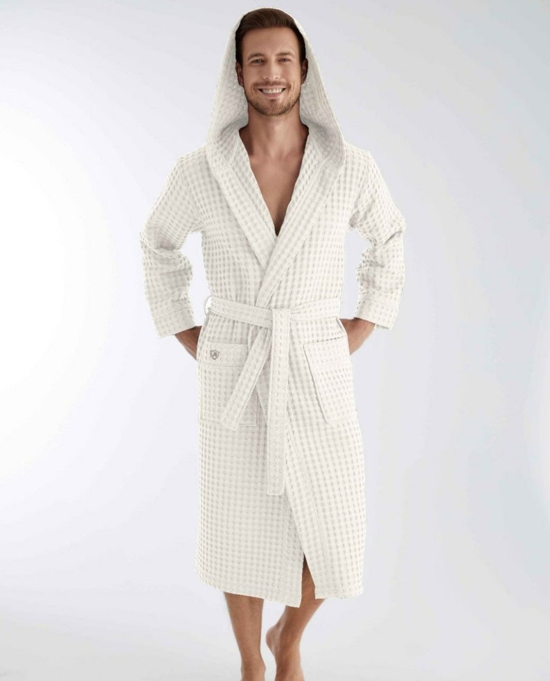 Luxurious Waffle bamboo hooded Bathrobe gray/ white mens Robe, lightweight Spa Robe, gift for himMother's Day Gift image 5